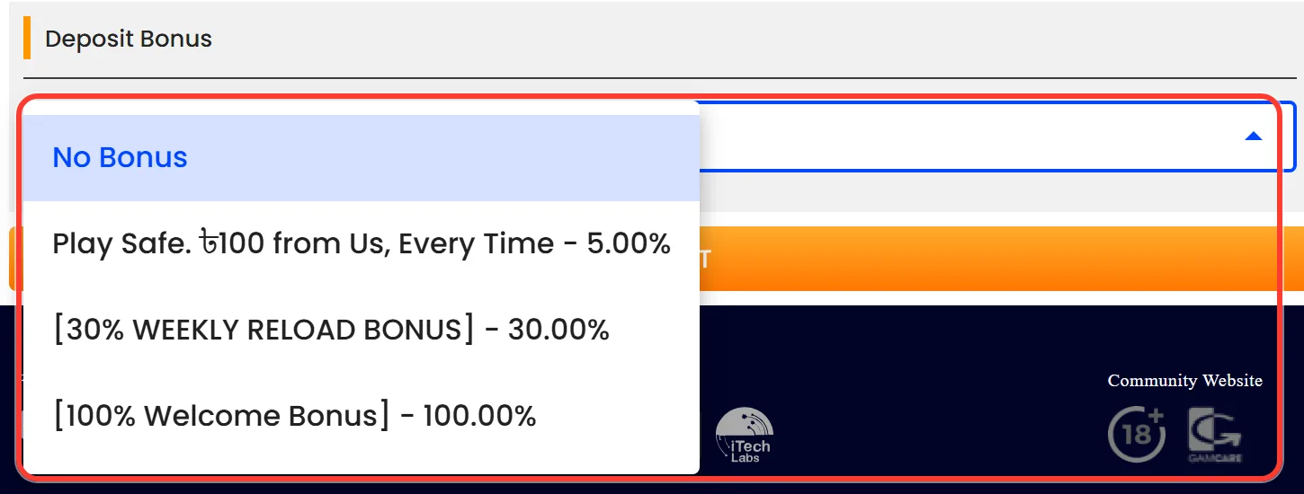 Deposit Bonus list in the Nagad88 deposit form with No Bonus, Play Safe, 30% Weekly Reload and 100% Welcome Bonus