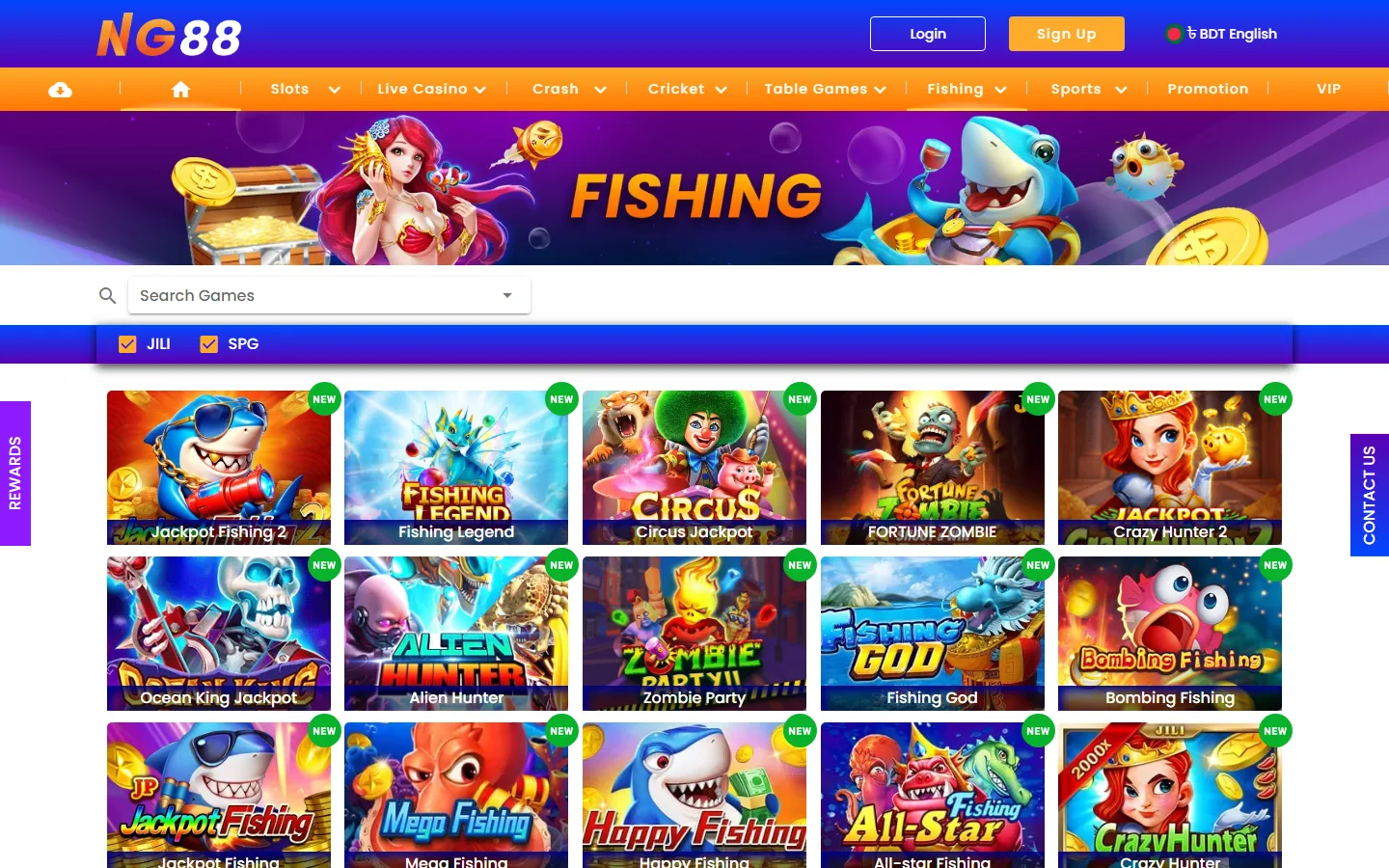 Nagad88 Fishing lobby with Jackpot Fishing 2 and Ocean King Jackpot tiles