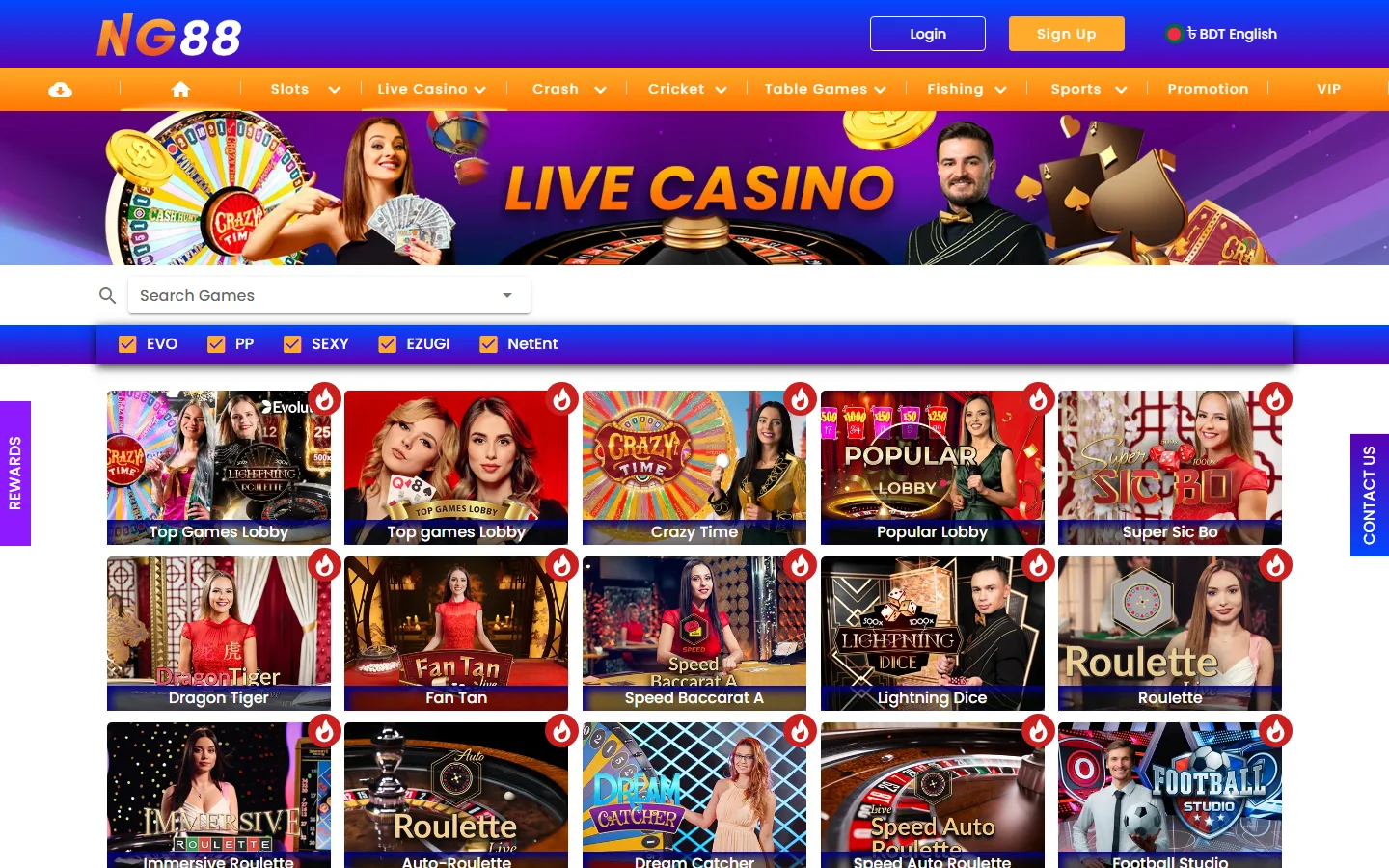 Nagad88 Live Casino lobby with Evolution, Pragmatic Play, SEXY, Ezugi and NetEnt filters