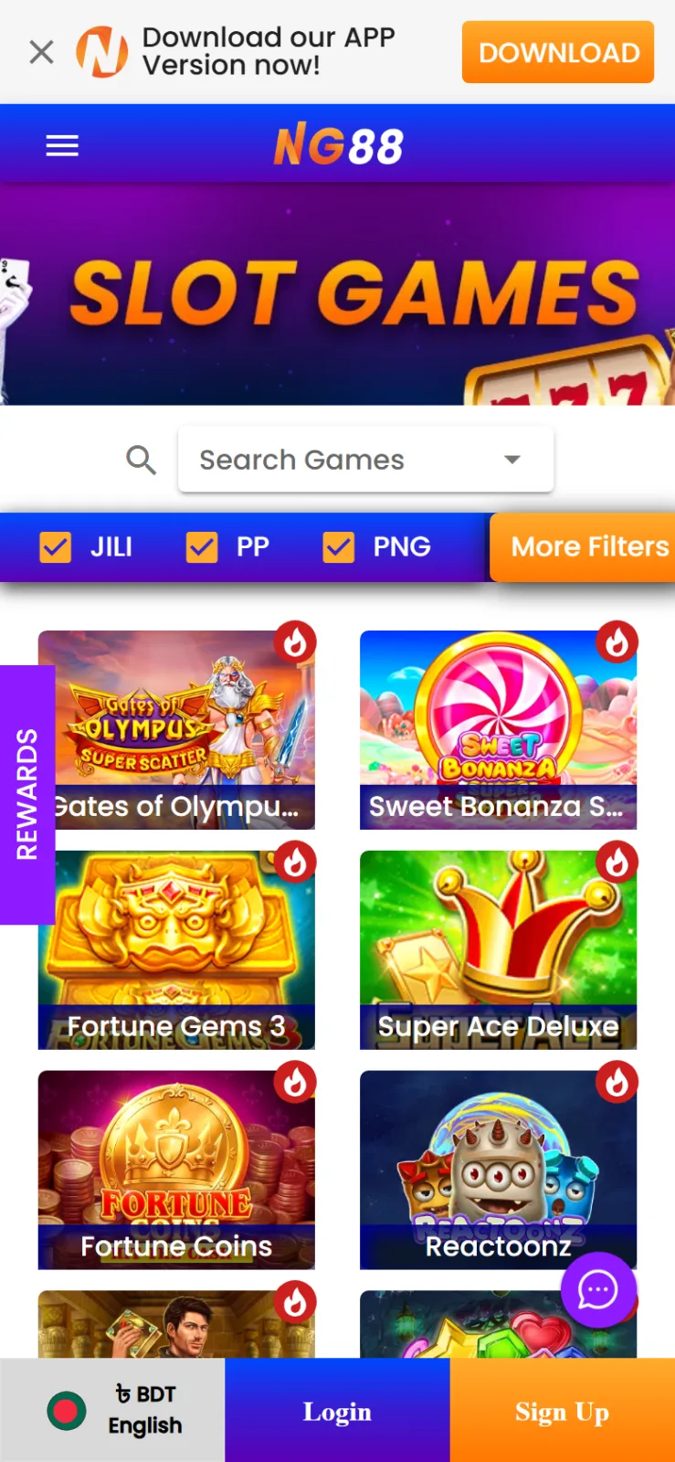 Nagad88 mobile Slot Games page with JILI, PP and PNG filters and slot tiles