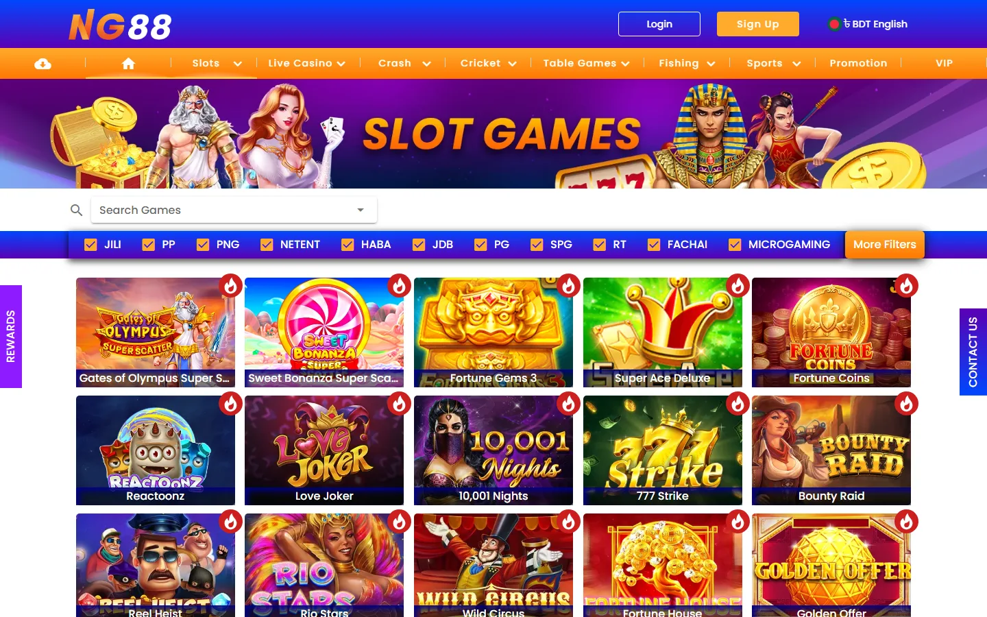 Nagad88 Slots lobby with the row of provider filters from JILI to Microgaming and More Filters