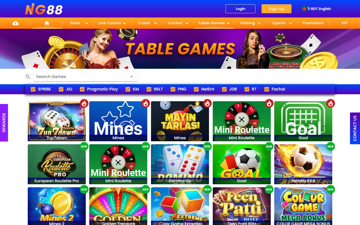 Nagad88 Table Games lobby with Mines, Mini Roulette and Teen Patti Blitz tiles