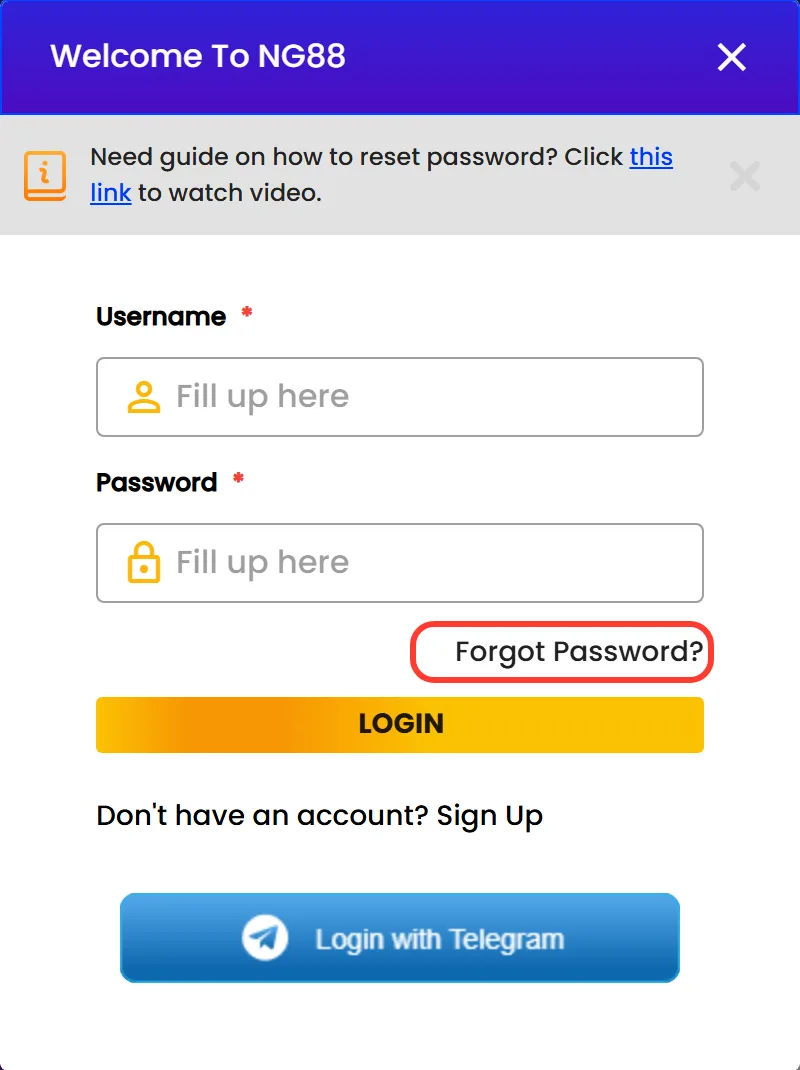 Forgot Password? link under the password field of the Nagad88 login window