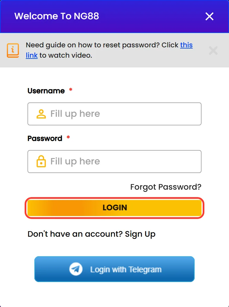 Yellow LOGIN button at the bottom of the Nagad88 login form