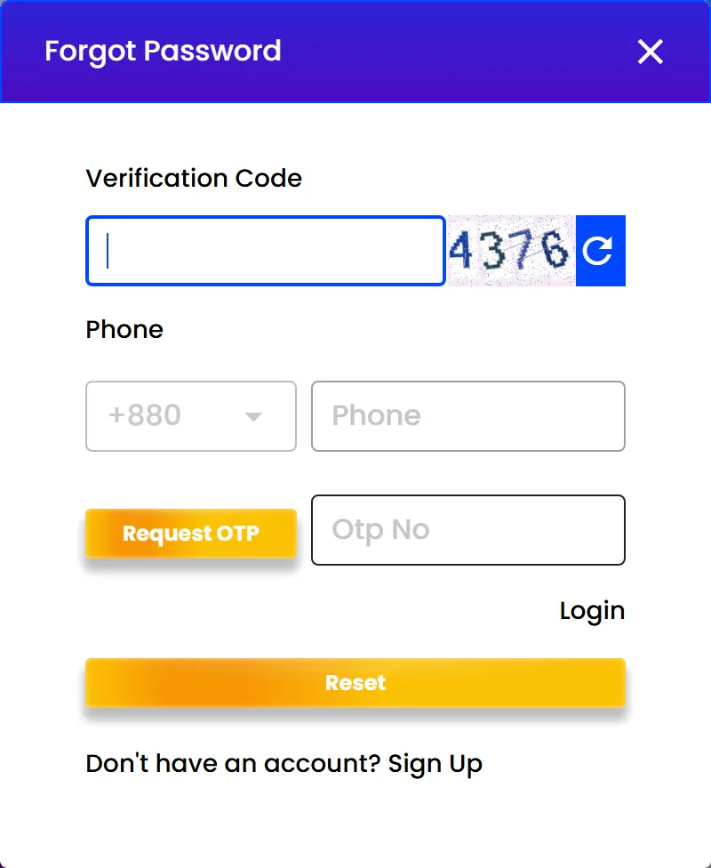 Nagad88 Forgot Password form with Verification Code, +880 phone number, Request OTP and Reset