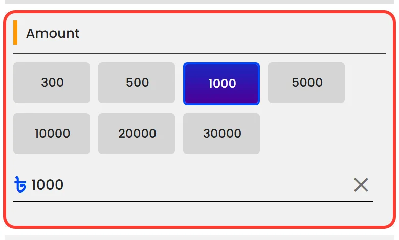 Quick amount buttons from 300 to 30000 in the Nagad88 deposit form