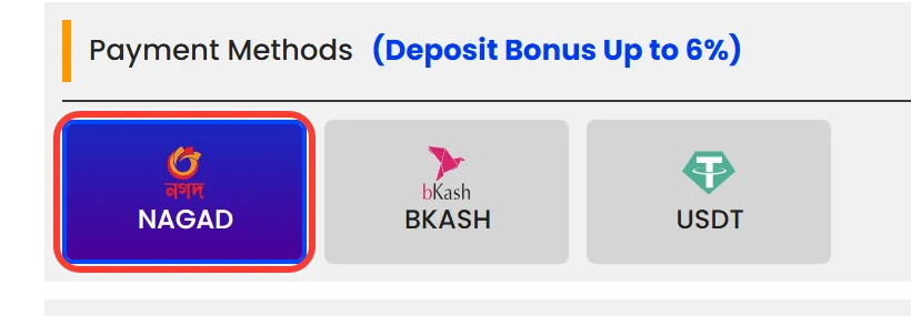 NAGAD button highlighted under Payment Methods on the Deposit tab