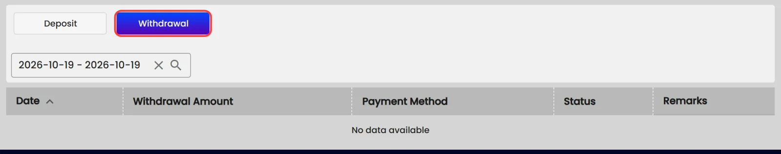 Transaction Records, Withdrawal tab with Withdrawal Amount, Payment Method, Status and Remarks columns