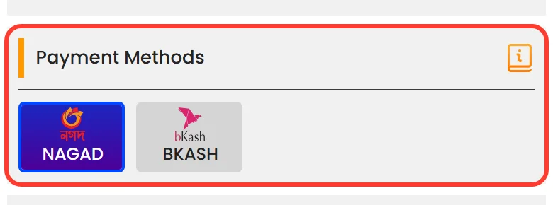 NAGAD and BKASH buttons under Payment Methods on the Withdrawal tab