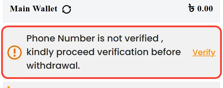 Warning that the phone number is not verified with the Verify link