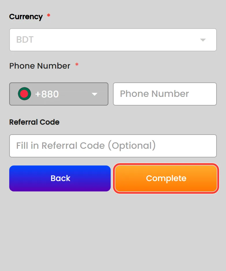 Complete button next to the blue Back button at the end of Nagad88 registration