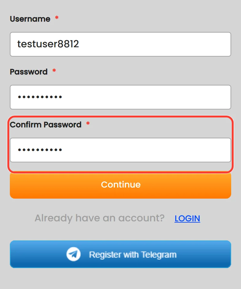 Confirm Password field with the repeated password hidden by dots