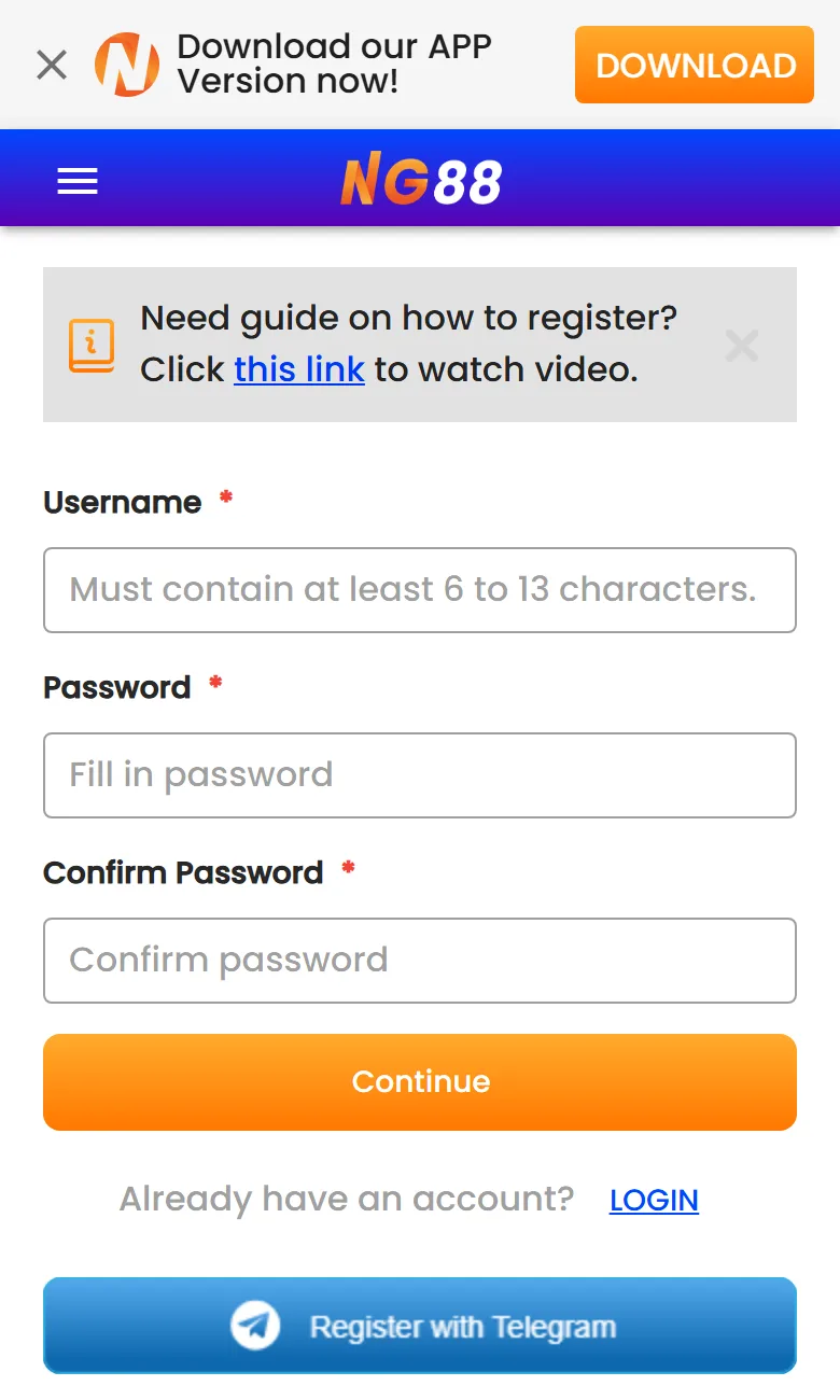 Nagad88 sign-up form on a phone with Username, Password, Confirm Password and Continue