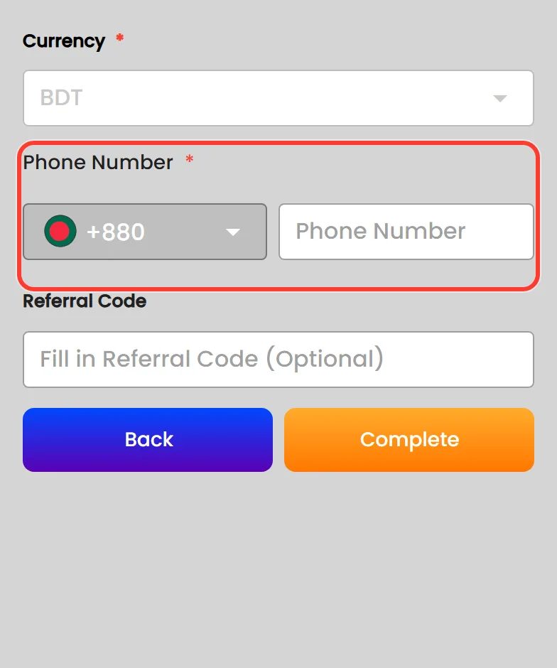 Currency set to BDT and Phone Number field with the +880 Bangladesh code