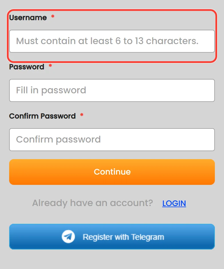 Username field with the 6 to 13 characters hint on the Nagad88 registration form