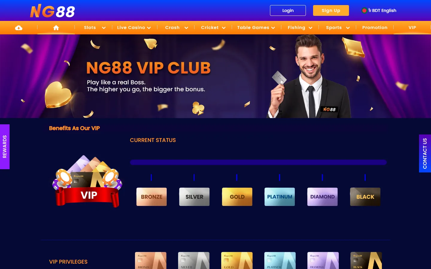 Nagad88 VIP Club page in a browser with the Bronze to Black tier ladder